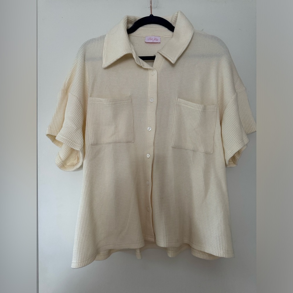 Cream Colored Waffle Pattern Button Down Top By P… - image 1